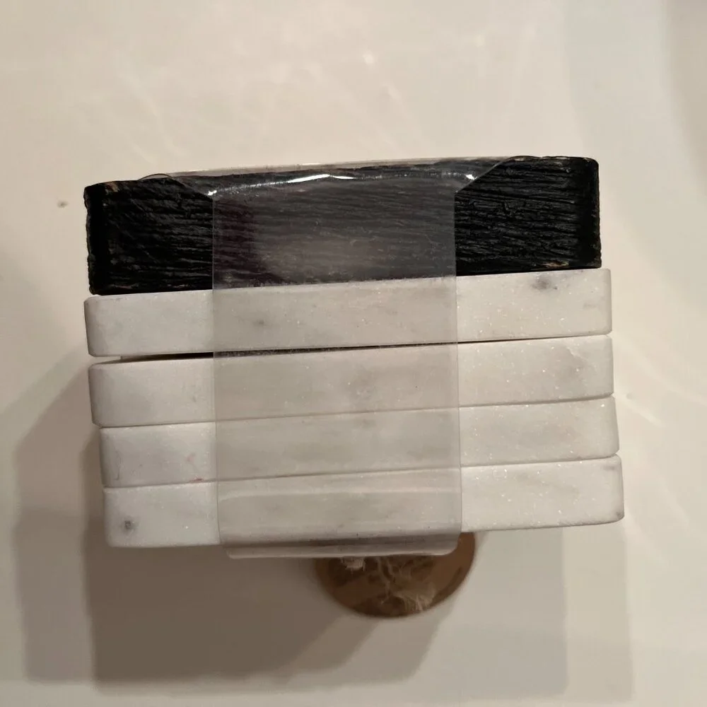 White Marble Coasters Set of 4 with Holder Gift‎ Ready New
